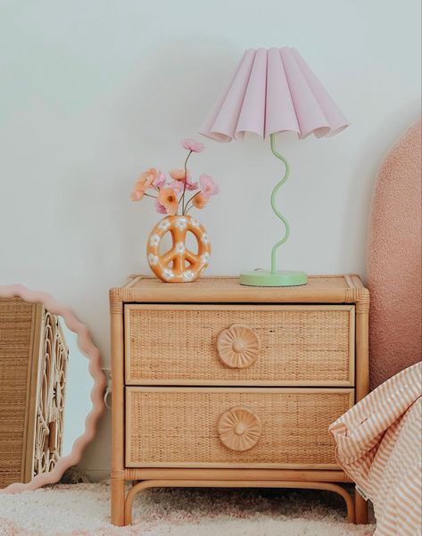 Rattan 
Rattan bedside 
Tween room 
Wooden bedside table 
Rattan lovers 
Kids room 
Girls room Girl Bedside Table, Beachy Apartment, Rattan Bedside Table, Girls Boho Bedroom, Toddler Bedroom Girl, Bedside Table Design, Kids Nightstand, Girls Rooms, Toddler Rooms