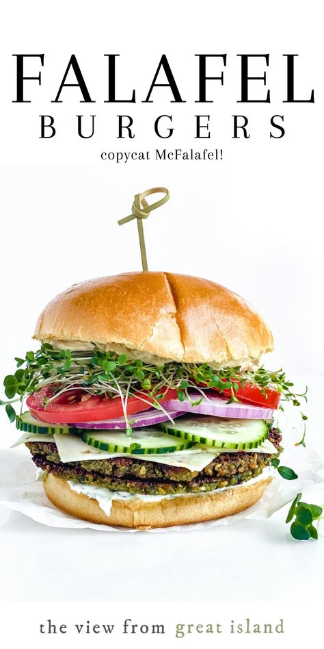 My healthy falafel burger is a crispy veggie burger with tzatziki sauce, cheese, tomatoes, cukes, onions, sprouts, and hummus on a brioche bun. #falafel #middleeastern #fritter #chickpeafritter #chickpeaburger #meatless #mcfalafel Falafel With Canned Chickpeas, Healthy Falafel, Falafel Burger, Falafel Mix, Fat Burger, Falafel Burgers, Chickpea Fritters, Chickpea Patties, Chickpea Burger