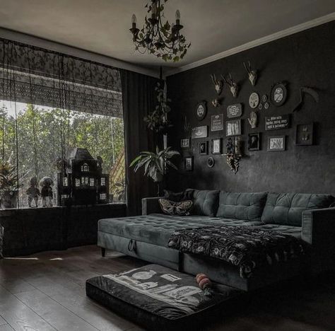 Cosy Gothic Living Room, Gothic Themed Living Room, Modern Gothic Farmhouse Kitchen, Gothic Living Room Ideas Modern, Dark Gothic Home Aesthetic, Goth Home Aesthetic Victorian, Simple Gothic Home Decor, Goth Modern House, Mid Century Gothic Living Room