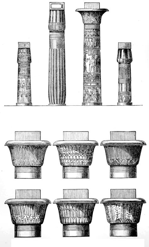 Egyptian Columns Column Drawing Architecture, Egyptian Columns Drawing, Egyptian Columns, Egyptian Architecture Sketches, Ancient Egyptian Columns, Egyptian Pillars Columns, Ancient Egypt Architecture, Egyptian Structures, Egypt Poster