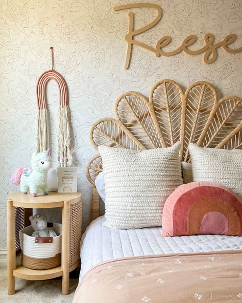 Rainbow baby boho Big girl bedroom reveal Girls Room Queen Bed, Retro Girls Room, Pastel Bed, Boho Glam Bedroom, Boho Girls Bedroom, Girly Bedrooms, Creative Bedroom Decor, Small Kids Bedroom, Bedroom Decor For Small Rooms