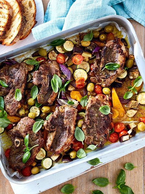 Marinated Lamb Chump Chops with Eggplant, Zucchini and Capsicum | Australian Lamb - Recipes, Cooking Tips and More Lamb Chop Casserole, Australian Lamb Recipes, Vegetable Roast, Garlic Lamb Chops, Baked Lamb Chops, Sundried Tomato Pesto, Lamb Steaks, Creamy Mustard Sauce, Marinated Lamb