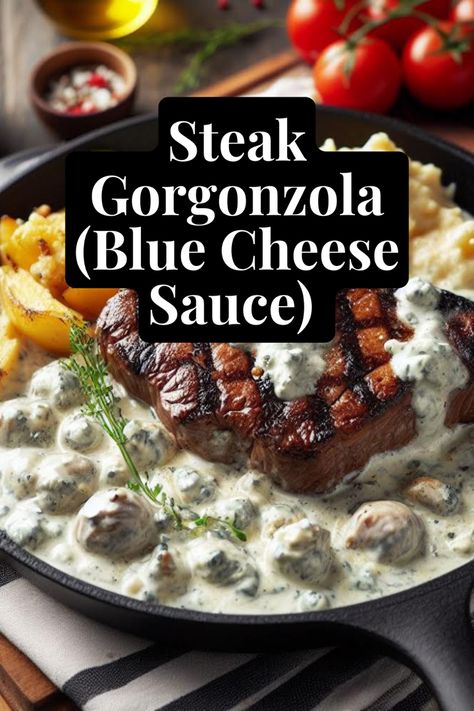 Steak Blue Cheese Sauce Recipe For Pasta Steak With Gorgonzola Sauce, Gorgonzola Steak Sauce, Gorgonzola Sauce For Steak, Olive Garden Steak Gorgonzola Recipe, Steak Lunch Ideas, Steak Gorgonzola Alfredo, Steak Blue Cheese, Steak Gorgonzola, Steak Toppings