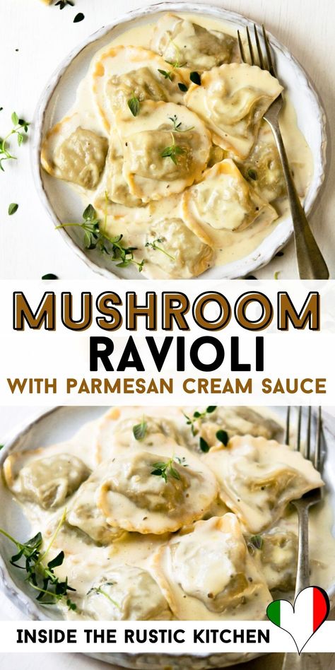 Homemade Mushroom Ravioli, Homemade Raviolis, Garlic Parmesan Cream Sauce, Mushroom Pate, Ravioli Recipes, Italian Sauces, Ravioli Sauce, Cream Sauces, Fresh Pasta Recipes