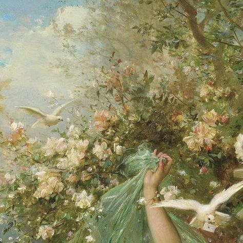 Hans Zatzka, A Woman, Birds, Flowers, Green