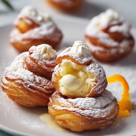 ZEPPOLE WITH ORANGE AND RICOTTA CREAM FILLED Zeppoli Recipe, Orange Ricotta, Ricotta Cream, Classic Savory, Cannoli Filling, Italian Chocolate, Tiramisu Recipe, Custard Filling, Italian Recipes Authentic