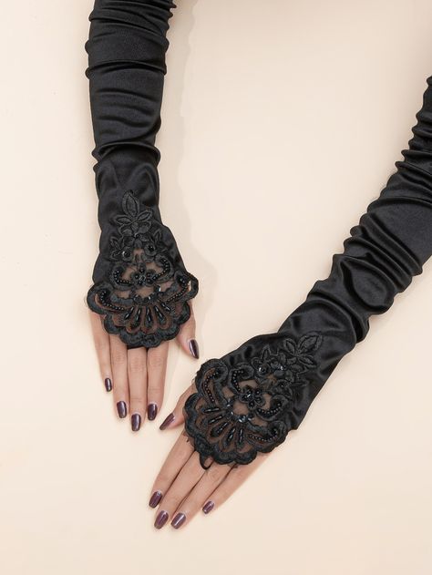 Black  Collar  Fabric Floral Fingerless Gloves Embellished   Women Accessories Black Gloves Fingerless, Alyssa Velaryon, Aesthetic Gloves, Belle Drawing, Dreamy Photoshoot, Long Black Gloves, Black Fingerless Gloves, Long Fingerless Gloves, Bead Decor