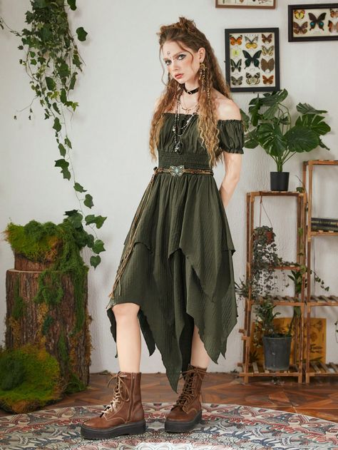 ROMWE Fairycore Off Shoulder Asymmetrical Hem Dress Without BeltI discovered amazing products on SHEIN.com, come check them out! Elf Kostüm, Ren Faire Outfits, Dress Medieval, Ren Faire Costume, Fairy Outfit, Fair Outfits, Fest Outfits, Asymmetrical Hem Dress, Medieval Dress