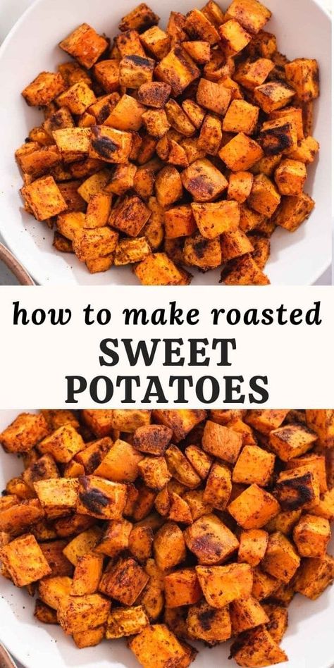 Diced Sweet Potato Recipes, Potato Recipes Roasted, Baked Sweet Potato Bites, Roasted Sweet Potato Cubes, Sweet Potato Oven, Sweet Potato Seasoning, Sweet Potato Recipes Roasted, Oven Roasted Sweet Potatoes, Boiling Sweet Potatoes