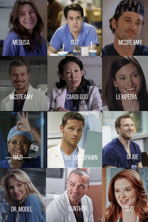 Cute Greys Anatomy Pictures, Greys Anatomy Study Motivation, Grey's Anatomy Fanart, Character Nicknames, Gray’s Anatomy, Greys Anatomy Relationships Chart, Greys Anatomy Fanart, Greys Anatomy Doodles, Greys Anatomy Funny Pictures