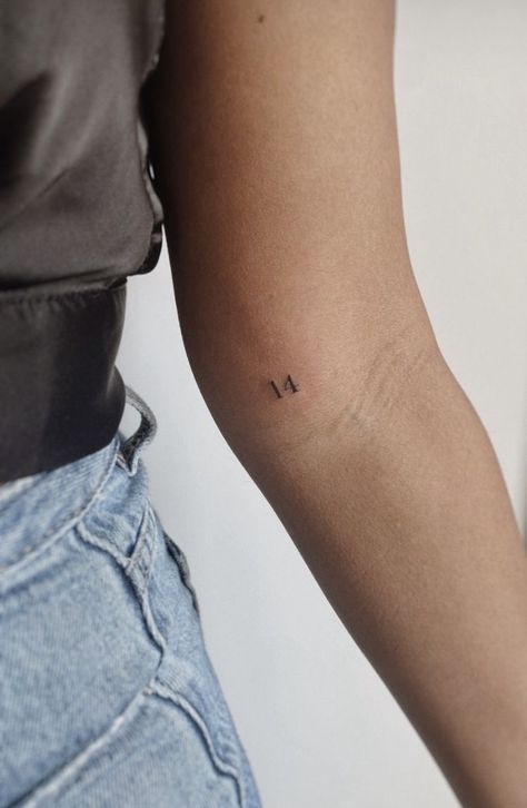 Number Tattoo Locations, Small Word Tattoos Arm, Dainty Number Tattoo Placement, Small Tattoo Numbers, Tattoos With Numbers Ideas, Inside Arm Small Tattoo, Small F Tattoo, 16 Number Tattoo, Delicate Tattoo Locations