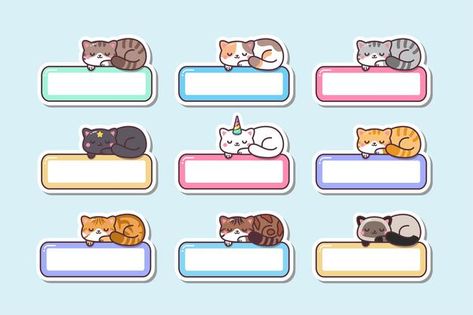 Small Stickers Printable, Name Tag Design For Kids, Cute Cat Stickers Printable, Kawaii Names, Kawaii Sleeping, Cat Sticker Set, Name Tag For School, Cute Cat Names, Label Name