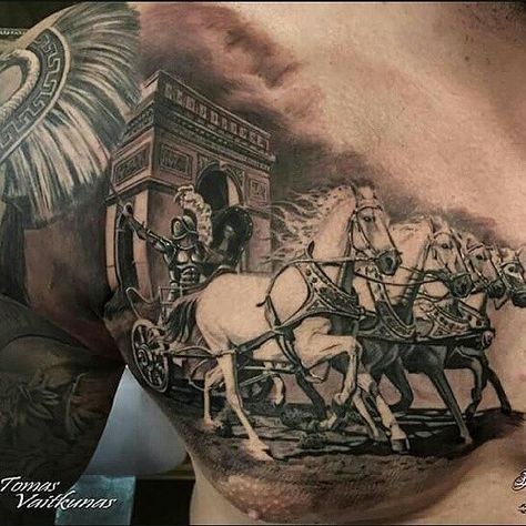 Close up shot! Chest piece by artist @tomasvaitkunas #supportartists #blackandgray #chestpiece #theartisthemotive . Chariot Tattoo, Full Chest Tattoos, Roman Tattoo, Gladiator Tattoo, Tattoo Quotes For Men, Spartan Tattoo, Polynesian Tattoos, Greek Mythology Tattoos, Manga Tattoo