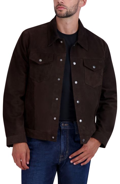 Beautiful Cole Haan Suede Trucker Jacket for the Fashion-Loving 2023 Suede Trucker Jacket, Trucker Jacket Men, Leather Coat Jacket, Men Suede, Brown Suede Jacket, Cole Haan Men, Classic Jacket, Stylish Jackets, Leather Motorcycle Jacket