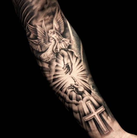 Mens God Sleeve Tattoo, Christanity Tattoos Sleeve, Tattoo Ideas For Men Forearm God, Conquer Tattoo Men, Christian Half Sleeve Tattoo Men, Holy Tattoos For Men, Religious Leg Sleeve Tattoo, Realistic Cross Tattoo, Religious Forearm Tattoo