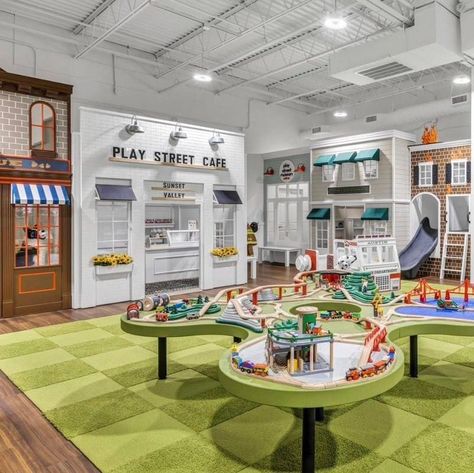 Playstreet Museum, Kids Indoor Playground Business, Play Cafe Ideas, Indoor Play Cafe, Childrens Museum Ideas, Inside Playground, Daycare Room Design, Restaurant Building, Baby Nursery Decals