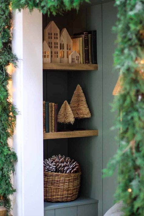 25 Christmas Shelf Styling Ideas » Lady Decluttered Nook Shelves, Christmas Lights On House, Wildflower Home, Lush Christmas, Christmas Lights Outside, Pre Lit Garland, Christmas House Tour, Christmas House Lights, Diy Christmas Garland