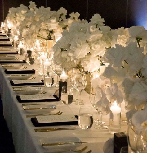 Over The Top Wedding Flowers, Wedding Tablescape No Charger, Wedding Decoration Black And White, Classic Wedding Design, Black And Gold Wedding Table Setting, All White Wedding Centerpieces, Flower And Candle Centerpiece, Gold Flowers Wedding, Wedding Floral Decorations