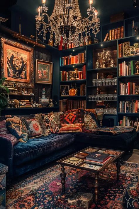 29 Exciting Dark Boho Living Room Ideas You Must See 21 Gothic Style Home Decor, Vintage Maximalist Living Room, Whimsy Goth Living Room, Dark Academia Home Library, Heritage Maximalism, Whimsigoth Living Room, Grunge Living Room, Victorian Maximalism, Moody Maximalist