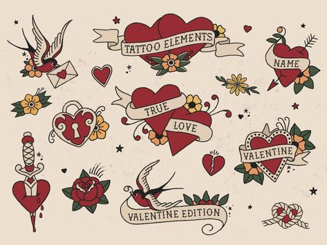 Traditional Tattoo Elements, Traditional Tattoo Love, Sailor Font, Tattoo Elements, Traditional Heart Tattoos, Tattoo Vector, Outline Tattoo, Elements Tattoo, Heart Tattoos