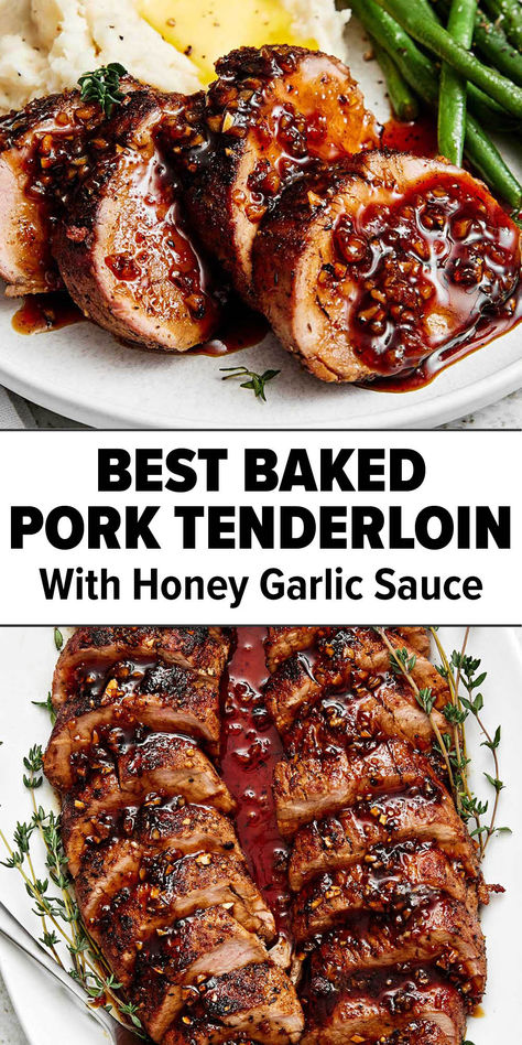 Honey garlic baked pork tenderloin Small Pork Tenderloin Recipes, Chinese Pork Tenderloin Recipes, Marinated Pork Tenderloin Recipes, Pork Tenderloin Sauce, Pork Tenderloin Bbq, Pork Tenerloin, Pork Tenderloin Recipes In Oven, Oven Pork Tenderloin, Sauce For Pork Tenderloin