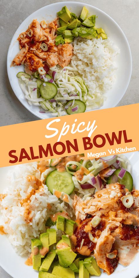 Salmon Coleslaw Bowl, Salmon And Coleslaw, Salmon And Cabbage, Spicy Salmon Bowl, Deficit Meals, Salmon Rice Bowl, Pickled Cucumber, Honey Garlic Salmon, Whats Gaby Cooking