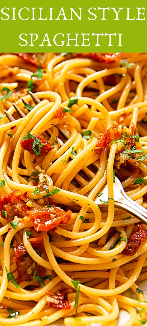 Spaghetti Siciliana is a fiery mix of hot pasta mixed with lots of garlic, sun-dried tomatoes, chillies and olive oil. Spaghetti And Tomatoes Pasta Dishes, Spaghetti Olive Oil Garlic Tomato, Pasta And Olive Oil Recipes, Spaghetti With Olives, Pasta With Olive Oil And Tomatoes, Recipes Using Sun Dried Tomatoes In Oil, Spaghetti With Sun Dried Tomatoes, Zitoni Pasta Recipes, Dry Spaghetti Recipes