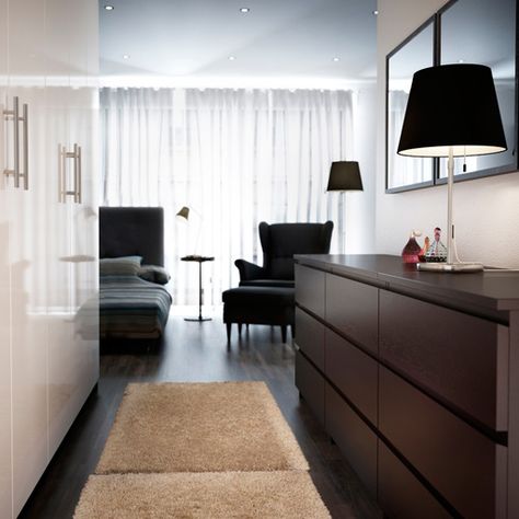 PAX black-brown wardrobe with FARDAL white high-gloss doors and MALM black-brown chest of drawers Brown Wardrobe, Ikea Malm Drawers, Brown Chest Of Drawers, Ikea Malm, Inspire Me Home Decor, Modern Bedroom Furniture, Ikea Pax, Interior Design Magazine, Stylish Bedroom