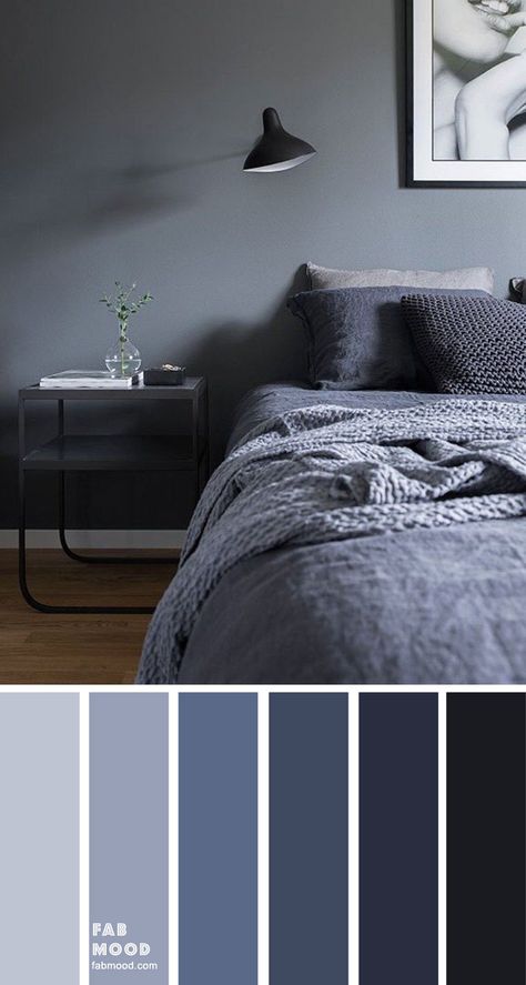 Bedroom color scheme ideas will help you to add harmonious shades to your home which give variety and feelings of calm. From beautiful wall colors... Blue Gray Bedroom Colors, Grey Colour Scheme Bedroom, Grey Bedroom Colors, Blue Gray Bedroom, Dark Blue Bedrooms, Blue Bedroom Walls, Bedroom Wall Designs, Bedroom Wall Colors, Grey Bedroom