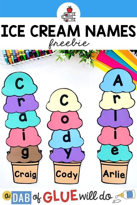 The Name Building Activity Ice Cream Scoops Freebie is the perfect option for helping kids learn to spell their own names! Grab our free printable option here! Ice Cream Literacy Preschool, Summer Name Activities Preschool, Ice Cream Songs For Toddlers, Ice Cream Names Preschool, Pre K Ice Cream Activities, Ice Cream Cone Activities For Preschool, Ice Cream Curriculum Preschool, Pre K Food Crafts, Ice Cream Math Activities For Preschool