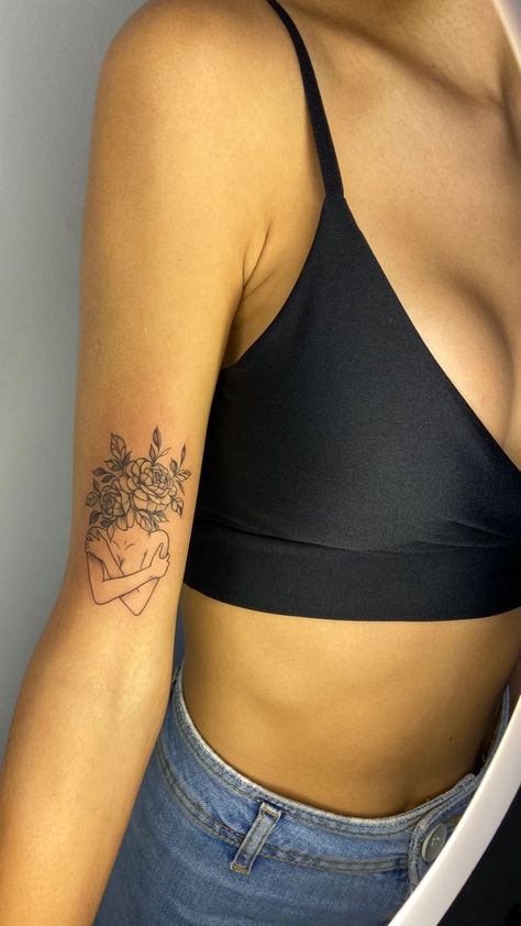 Tattoo On Inner Upper Arm, Women Inner Arm Tattoo, Upper Wrist Tattoo, Unique Upper Arm Tattoos For Women, Inner Upper Arm Tattoos For Women, Upper Inner Arm Tattoos For Women, Still Growing Tattoo, Tricep Tattoos Women, Feminine Tattoos For Women