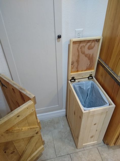 Farmhouse Trash Can Ideas, Diy Wooden Trash Can Holder, Wood Trash Can Holder, Wooden Trash Can Holder, Wooden Trash Can, Wood Trash Can, Small Kitchen Decoration, Hanging Wood Shelves, Diy Storage Shelves