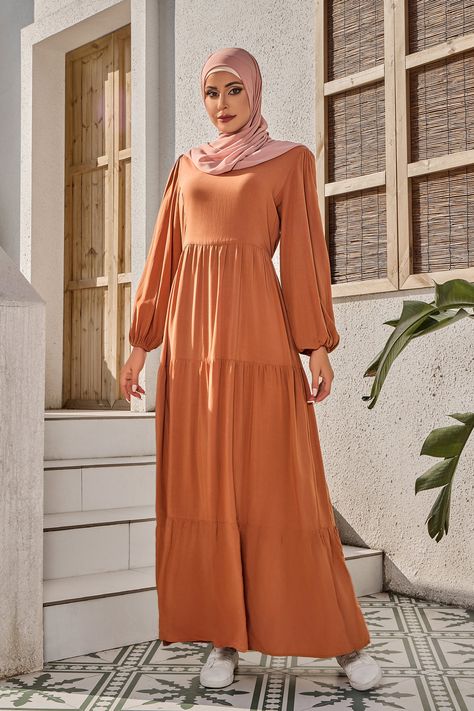 Burnt Orange Outfit, Dress Full Sleeves, Long Winter Dresses, Comfy Maxi Dress, Elastic Sleeves, Orange Long Sleeve, Orange Outfit, Outfits Modest, Swimsuits Outfits