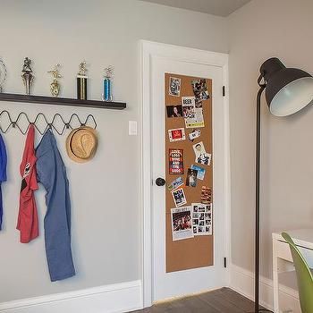 Boy Bedroom with Cork Board on Back of Door Bedroom Door Decor Ideas, Trophy Shelves, Cork Board Ideas For Bedroom, Bedroom Door Decor, Door Decor Ideas, Small Kids Bedroom, Home Studio Ideas, Transitional Interior Design, Boys Room Design