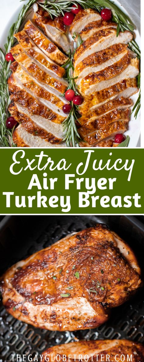 Air fryer turkey breast is a simple way to enjoy Thanksgiving or turkey dinner for two. It's made with skin on turkey breast that can be boneless or bone in, then air fried with rosemary, sage, and thyme until juicy. Oiless Fryer Turkey Recipes, Air Fry Turkey, Air Fryer Turkey Recipes, Thanksgiving Turkey Breast, Air Fryer Turkey Breast, Turkey Breast Recipes, Air Fryer Recipes Chicken Breast, Turkey Breast Crockpot, Ninja Grill