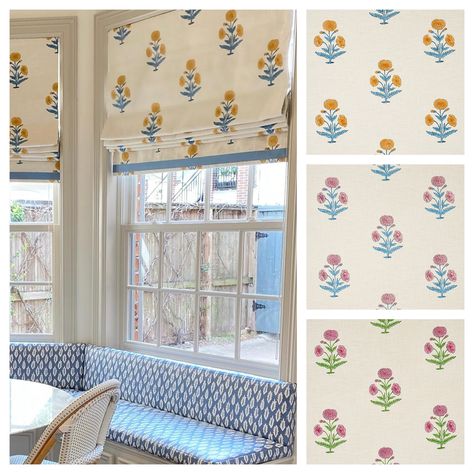 Poppy Hand Block Custom Operable  Roman Shades - Lined Roman Shades And Curtains Together, Roman Shade Kitchen Window, Navy Roman Shades, Home Window Treatments, Kitchen Roman Shades, Roman Shades Kitchen, Curtains Embroidery, Apartment Refresh, Linen Roman Shades