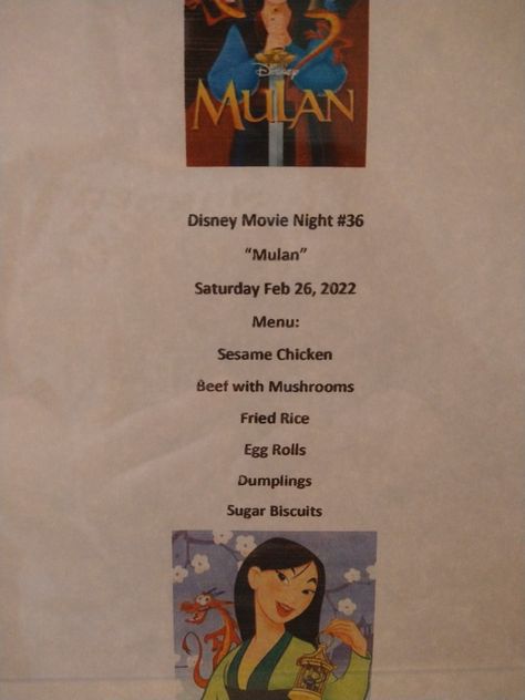 Mulan Movie Night, Mulan Themed Dinner, Mulan Dinner And A Movie, Disney Movie Night Dinner Tiktok, Themed Dinners Ideas, Mulan Movie, Disney Themed Movie Night, Disney Movie Night Food, Disney Movie Night Dinner