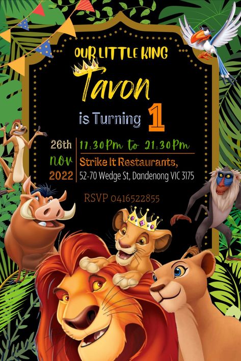 Lion King Birthday Party Invitations, Lion King Invitation, Lion King Birthday Party Ideas, Digital Invitation Card, Lion King Theme, Safari Animals Birthday, Lion King Birthday, Boys 1st Birthday Party Ideas, Baby Boy 1st Birthday Party