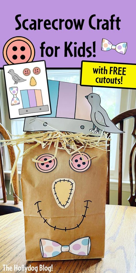 Paper Bag Scarecrow Craft for Kids (with free cutouts!) ⋆ The Hollydog Blog Scarecrow Preschool Activities Free, Paper Bag Scarecrow Craft For Kids, Simple Scarecrow Craft, Build A Scarecrow Craft, Preschool Scarecrow Activities, Scarecrow Preschool Crafts, Scarecrow Preschool Activities, Scarecrow Activities Preschool, Scarecrow Crafts Preschool