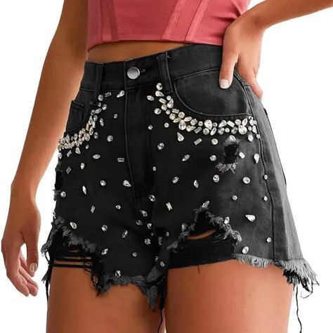 Size: Small Black Rhinestone Shorts Feature A Mid Rise Waist With A Classic Button Zipper Closure, Functional Pockets At The Waist, Light Distressing, And Rhinestone Stud Detailing. Summer Western Outfits, Shorts With Rhinestones, Rhinestone Shorts, Clothes Upcycle, Rhinestone Denim, Summer Shorts Denim, Ripped Denim Shorts, Festival Shorts, Stylish Jeans