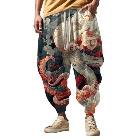 PRICES MAY VARY. Soft & Comfortable: Made from 100% Polyester, providing a soft, skin-friendly, and loose fit 🛋️ 🎨 Graphic Prints: Available in solid colors and novelty graphics like flamingo, wolf, and more 🎨 👖 Loose Fit: Loose, straight leg design with elastic waist; consider sizing up for a roomier fit 👖 🎽 Elastic Waistband: Adjustable drawstring waistband with two large side pockets for essentials 🎽 🌴 Versatile Use: Perfect for sports, running, yoga, street dance, parties, travel, an Japanese Pants Men, White Linen Pants Women, Octopus Graphic, Streetwear Joggers, Art Octopus, White Dress Winter, Jeans Trend, Pajamas Pants, Mens Linen Pants