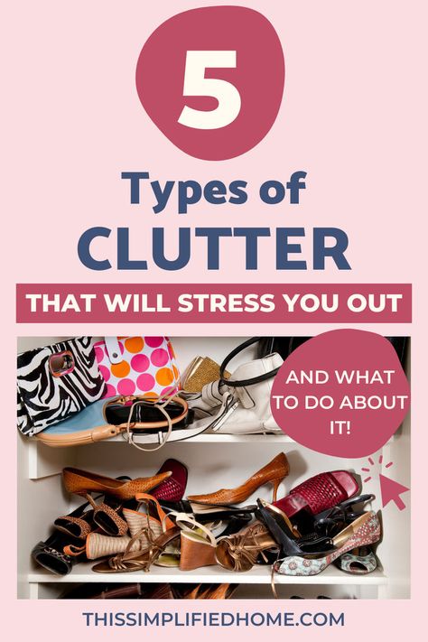 If you struggle with clutter, here are 5 types of clutter that will stress you out — and what to do when you don’t know where to start decluttering. Make sure to read number 1 about decluttering sentimental items. Letting Go Of Stuff Clutter, How To Help A Hoarder Declutter, Overwhelming Clutter, Declutter Calendar, What To Declutter, How To Declutter Your Bedroom, Decluttering Ideas Minimalism, Office Decluttering, Things To Declutter