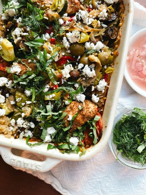 One-Pan Mediterranean Rice Bake One Pan Mediterranean Rice, Mediterranean Rice Bake, Mediterranean One Pan Recipes, Mediterranean Rice Dishes, One Pan Rice Meals, Mediterranean Bake, Mediterranean Sheet Pan Dinners, Mediterranean Casserole, Probiotic Recipes