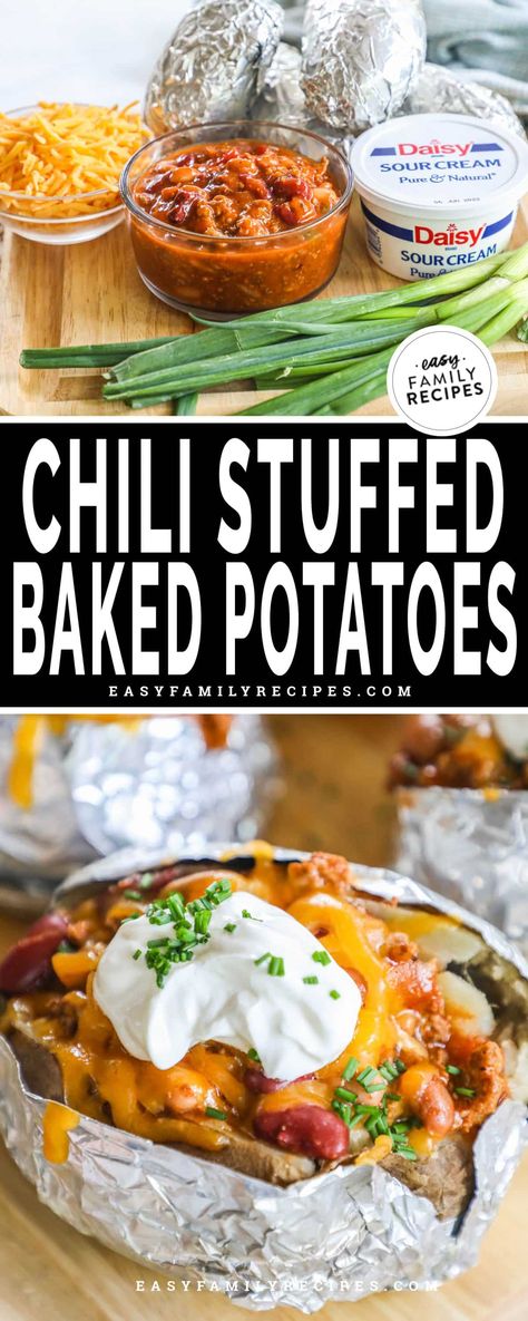 These super simple and delicious stuffed baked potatoes are the perfect quick dinner! My entire family is happy to eat them with my homemade chili or Wendy’s chili whenever I make it, especially when it's loaded with their favorite toppings. Leftover chili and premade baked potatoes make this a dinner that tasty and easy to make on busy nights. In 15 minutes you’ll have diner on the table or it can be a tasty and inexpensive meal to feed a crowd. Chili Over Baked Potato, Loaded Baked Potato With Chili, Baked Potatoes And Chili, Chilli Cheese Baked Potato, Baked Potato Chili Recipe, Chili Loaded Baked Potato, Chili Over Potatoes, Chili Stuffed Baked Potatoes, Baked Potato And Chili