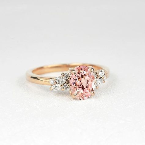 Engagement Rings Rose Quarts, Pink Round Engagement Ring, Pink Sapphire Engagement Ring Rose Gold, Light Pink Sapphire Engagement Ring, Pink Engagement Rings, Engagement Rings Pink, Pink Wedding Ring, Pink Stone Engagement Rings, Peach Sapphire Rings