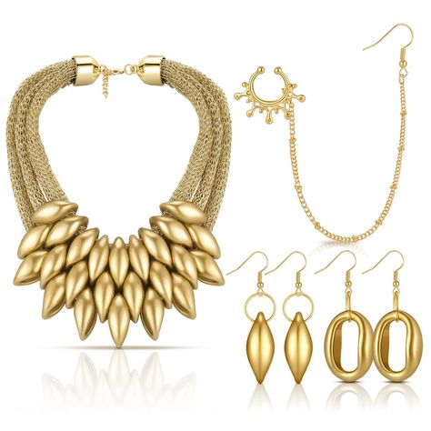 PRICES MAY VARY. Delicate Set: you will receive the 4-piece African national jewelry set, including 1 gold statement necklace, 1 nose ring with chain, 2 pair of earrings of different styles; Elegant and exquisite style will make you the spotlight in the crowd Trusty Workmanship: gold chunky necklace, nose ring and earrings for women adopts quality alloy and resin, strong and stable in texture, glossy and smooth, not scratching your skin, not easy to fade or deform, comfortable to wear Adjustable African Nose, Nose Ring With Chain, Gold Chunky Necklace, Ring With Chain, Gold Costume Jewelry, African Gold, Gold Collar Necklace, Necklaces Vintage, African Necklace