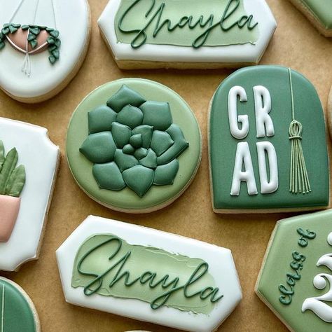 Emily Perkins on Instagram: "Graduation cookies but add greenery 🪴 . . . #graduationcookies #greenerycookies #plantcookies #batonrouge #batonrougecookies #cookiesofinstagram" Grad Party Ideas Sage Green, Succulents Graduation Party, Graduation Party Ideas Green And White, Green Theme Graduation Party, Nature Themed Graduation Party, Sage Green Graduation Party Decorations, Plant Themed Graduation Party, Earthy Graduation Party, Grad Party Treats