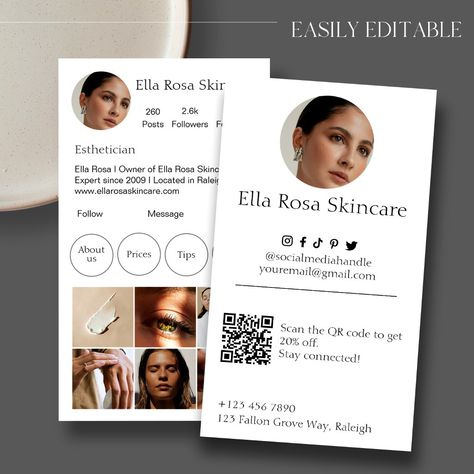 This Instagram business card template is perfect for your small business! This modern, elegant IG business card is easy to edit, and customize for your needs. Cards can be used for small businesses, beauty salons, estheticians, hair stylists, wellness businesses, lash businesses, makeup artists, influencers, and more! Lash Artist Business Cards, Makeup Artist Business Card, Lash Aesthetic, Esthetician Business Cards, Instagram Business Card, Beauty Salon Business Cards, Beauty Business Cards, Salon Business Cards, Branding Shoot