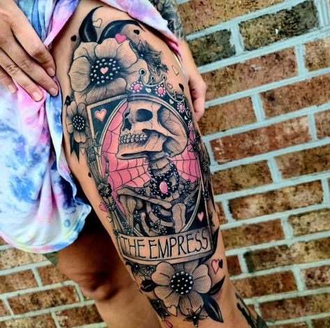 Leg Tattoos Women Cover Up, Black And Pink Sleeve Tattoo, Leg Sleeves For Females Color, Witchy Tattoo Ideas Thigh, Halloween Tattoo Thigh, Colorful Leg Tattoos For Women, Spooky Thigh Tattoos Women, Thigh Tattoo Cover Up Ideas, Color Thigh Tattoos Women