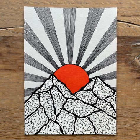 Tekening van bergen in zwart-wit en de zon in oranje Black And White Landscape Drawing, Lighthouse Drawings, Journaling Doodles, Sunrise In The Mountains, Lighthouse Drawing, Illusions Art, Easy Mandala Drawing, White Landscape, Nice Pic